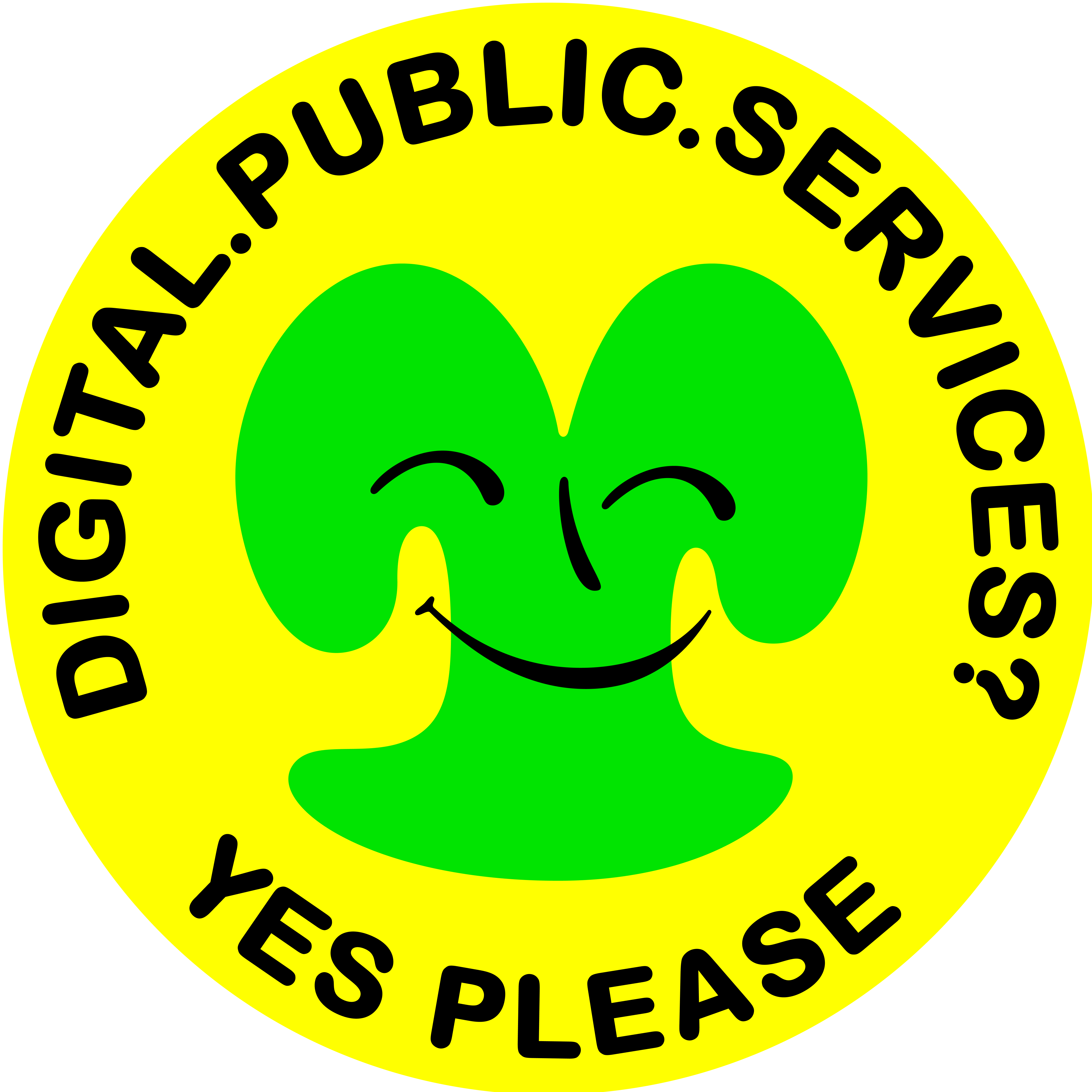 A bright yellow circular badge featuring a green seedling-like face is in the center, surrounded by the text 'Digital Public Services? Yes please,' promoting accessible digital services.