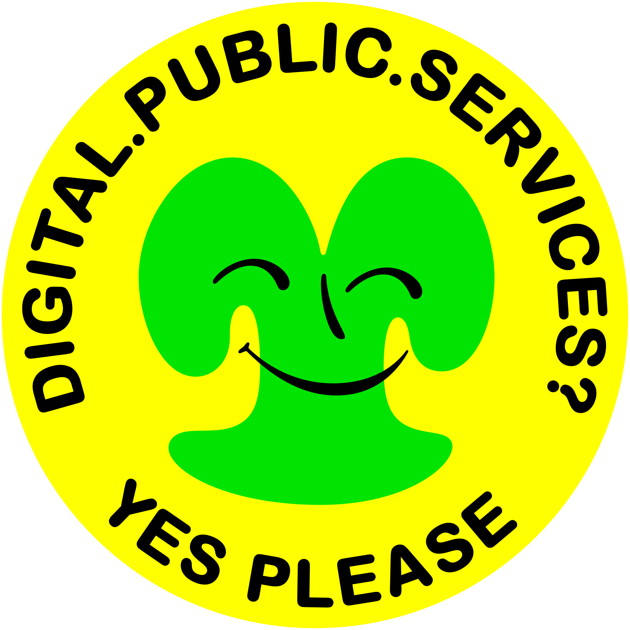 A bright yellow circular badge featuring a green seedling-like face is in the center, surrounded by the text 'Digital Public Services? Yes please,' promoting accessible digital services.