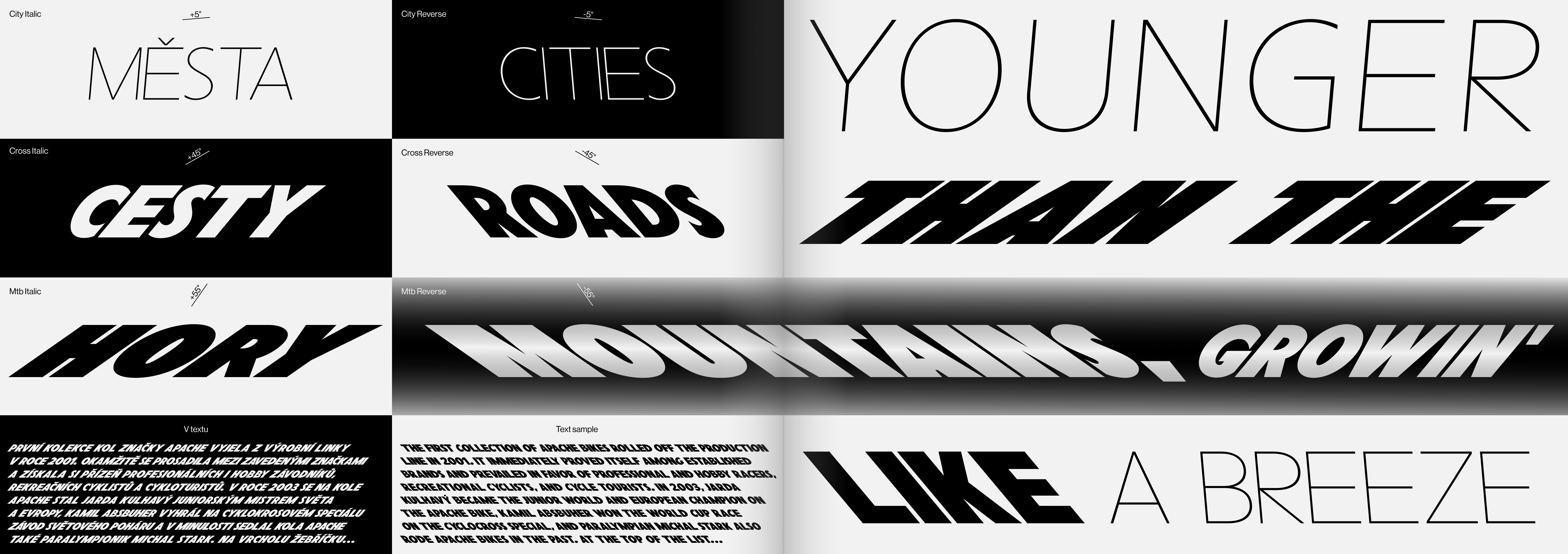 Typographic samples from Apache Bikes' new visual identity display the Speed Grotesk typeface in various weights and slants, categorized by terrain difficulty. Phrases like 'Cities,' 'Roads,' and 'Mountains' showcase the varying levels of slant and weight, from light italics to bold, slanted text for mountain paths. This typographic system reflects Apache's design philosophy, where typography mirrors the movement direction, enhancing brand storytelling through visual cues.