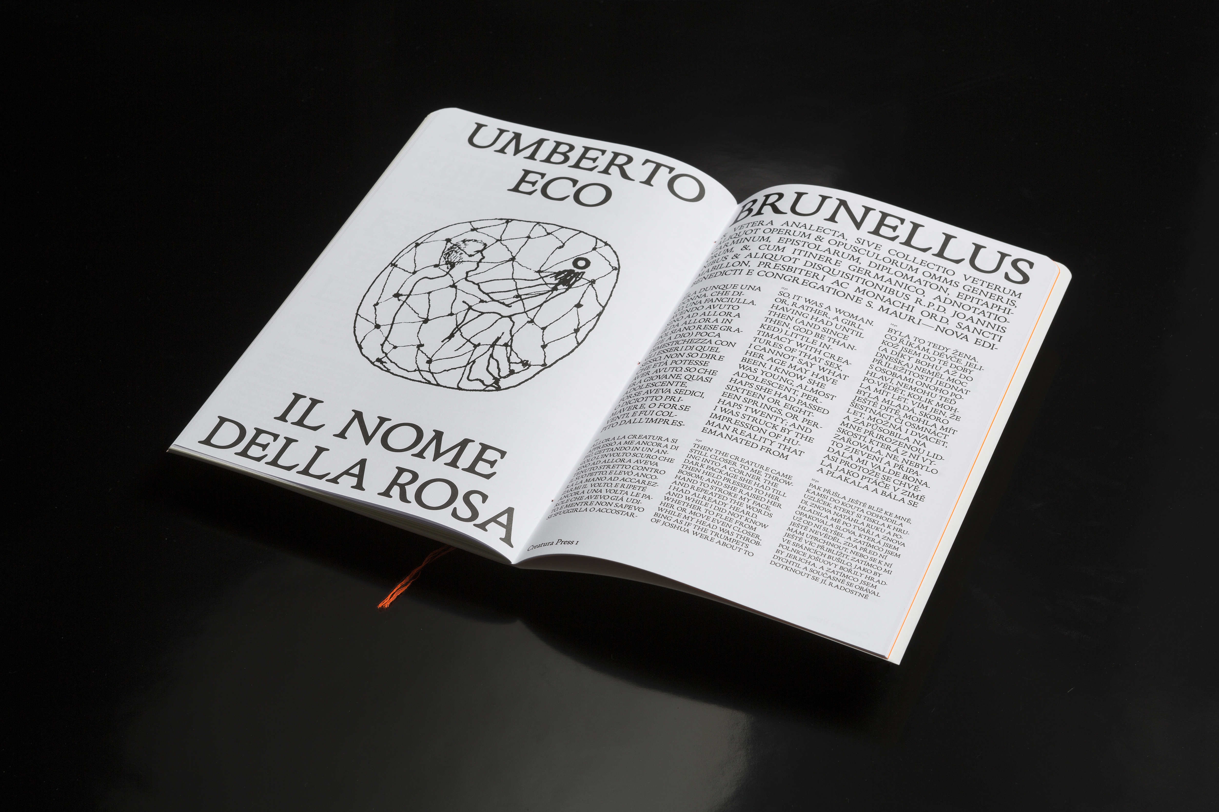 Open Creatura font specimen showcasing a spread with 'Il Nome Della Rosa' by Umberto Eco in bold text. The page emphasizes the catalog's thematic connection to historical sources.