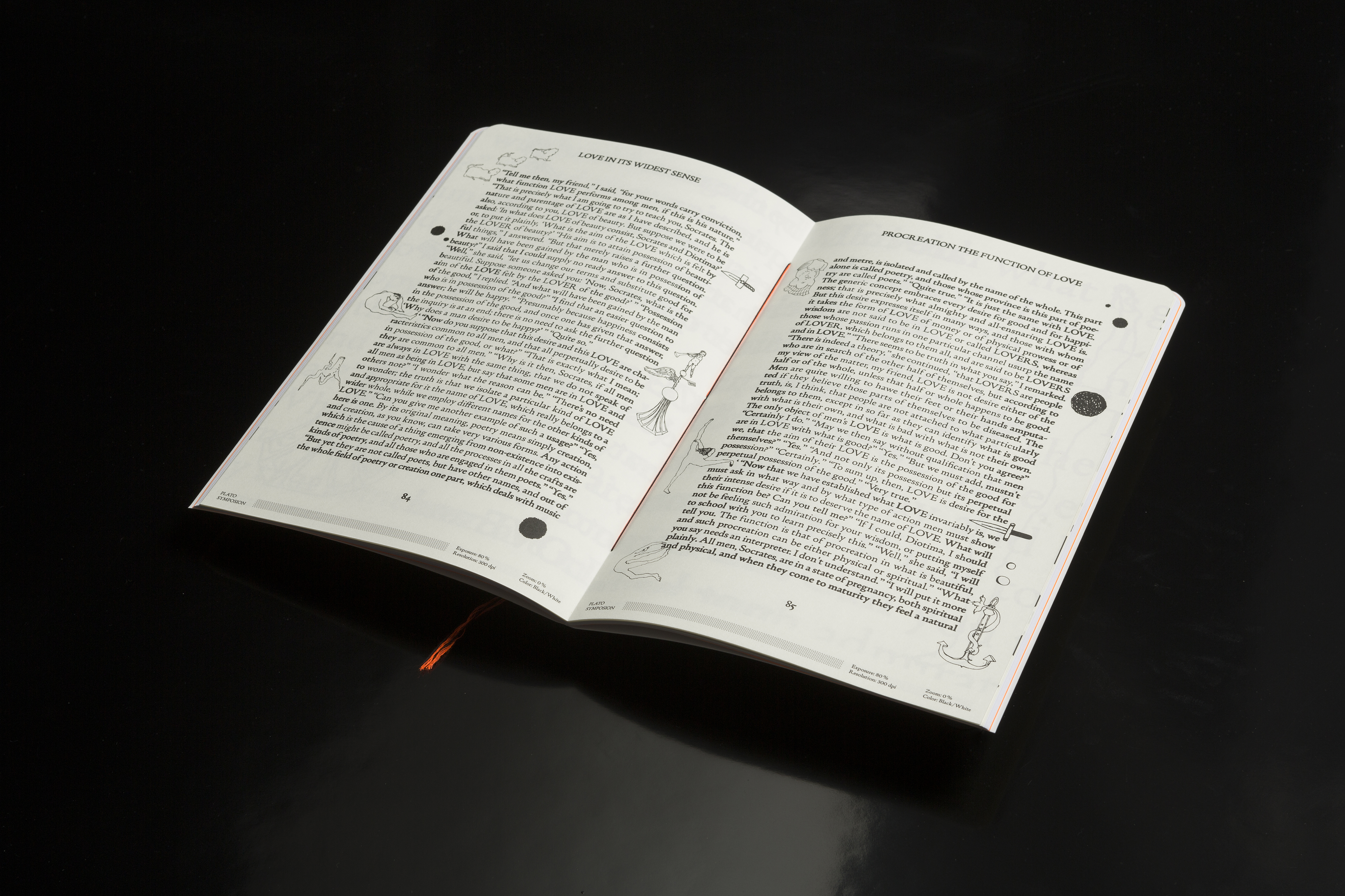 Creatura font specimen opens to a dense passage discussing love from Plato's 'Symposion.' Small illustrations border the text, highlighting the catalog's blend of literary content and type design experimentation.