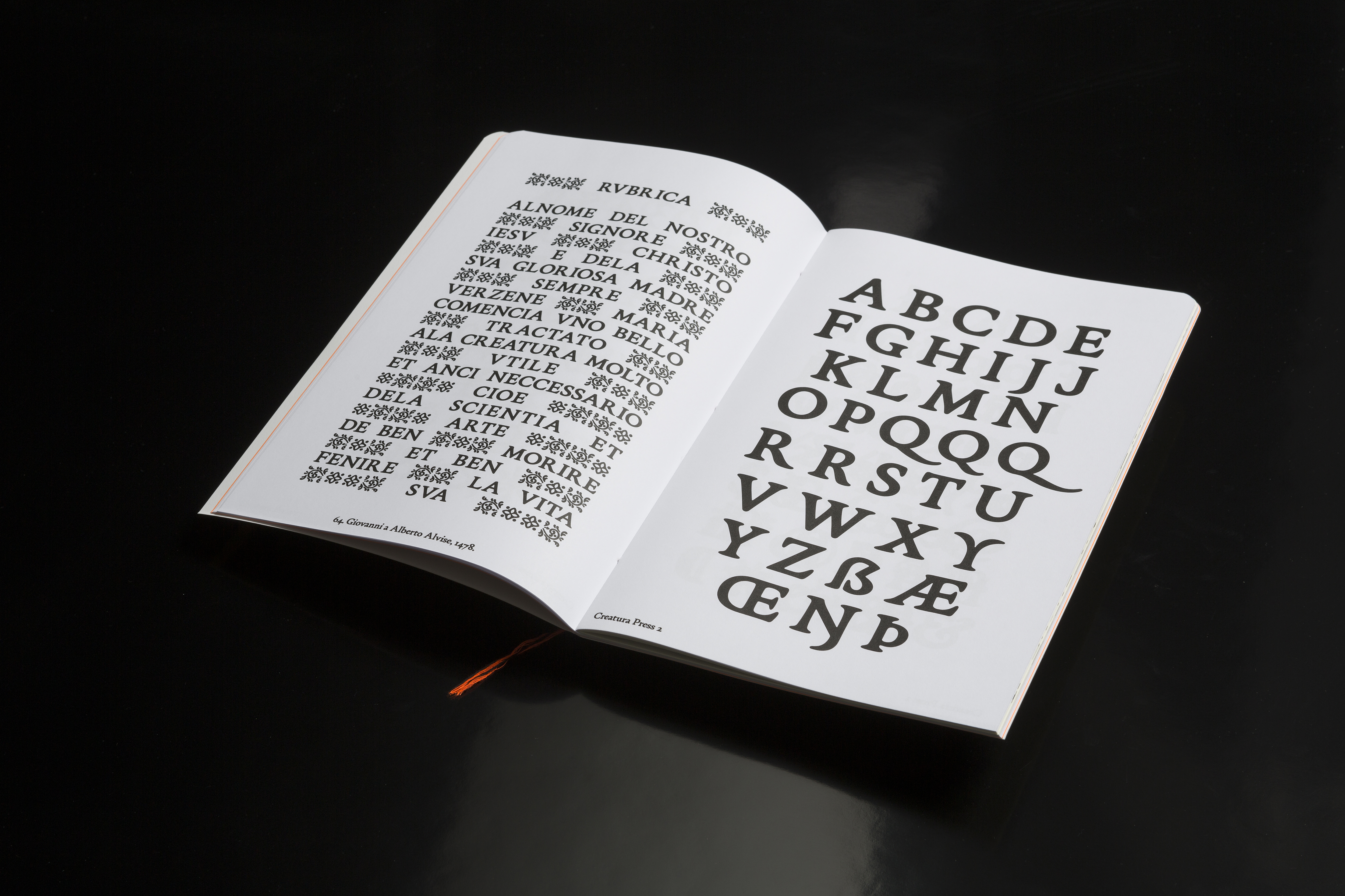 Creatura font specimen opens to a page displaying Renaissance-inspired Italian text and a bold serif alphabet. The catalog explores the typeface's conceptual link to the book Hypnerotomachia Poliphili, blending historical influences with modern font presentation.