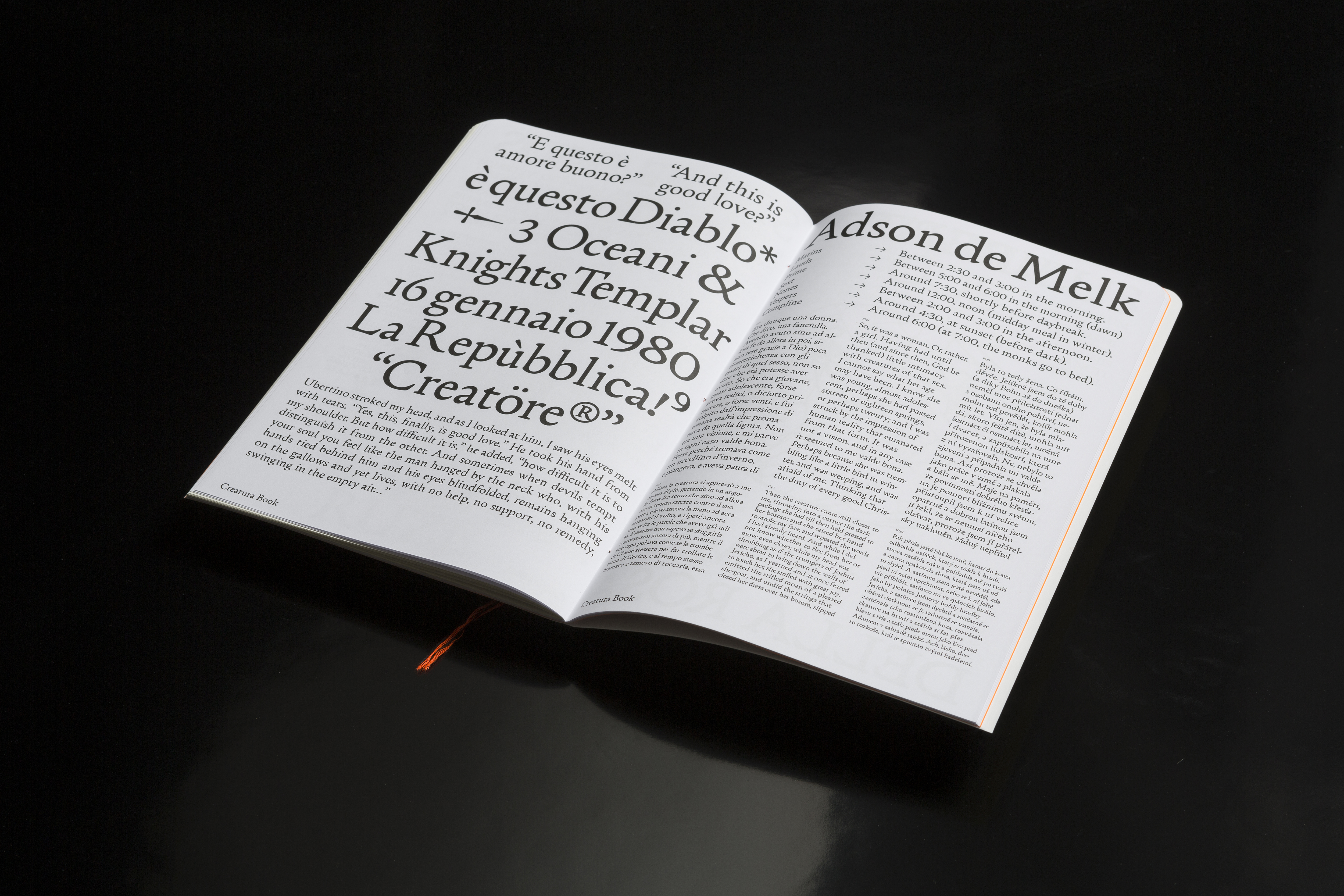 Creatura font specimen spread featuring a mix of italicized text, numbers, and symbols referencing historical and literary themes. The catalog emphasizes Creatura's experimental approach, bridging type design and narrative.
