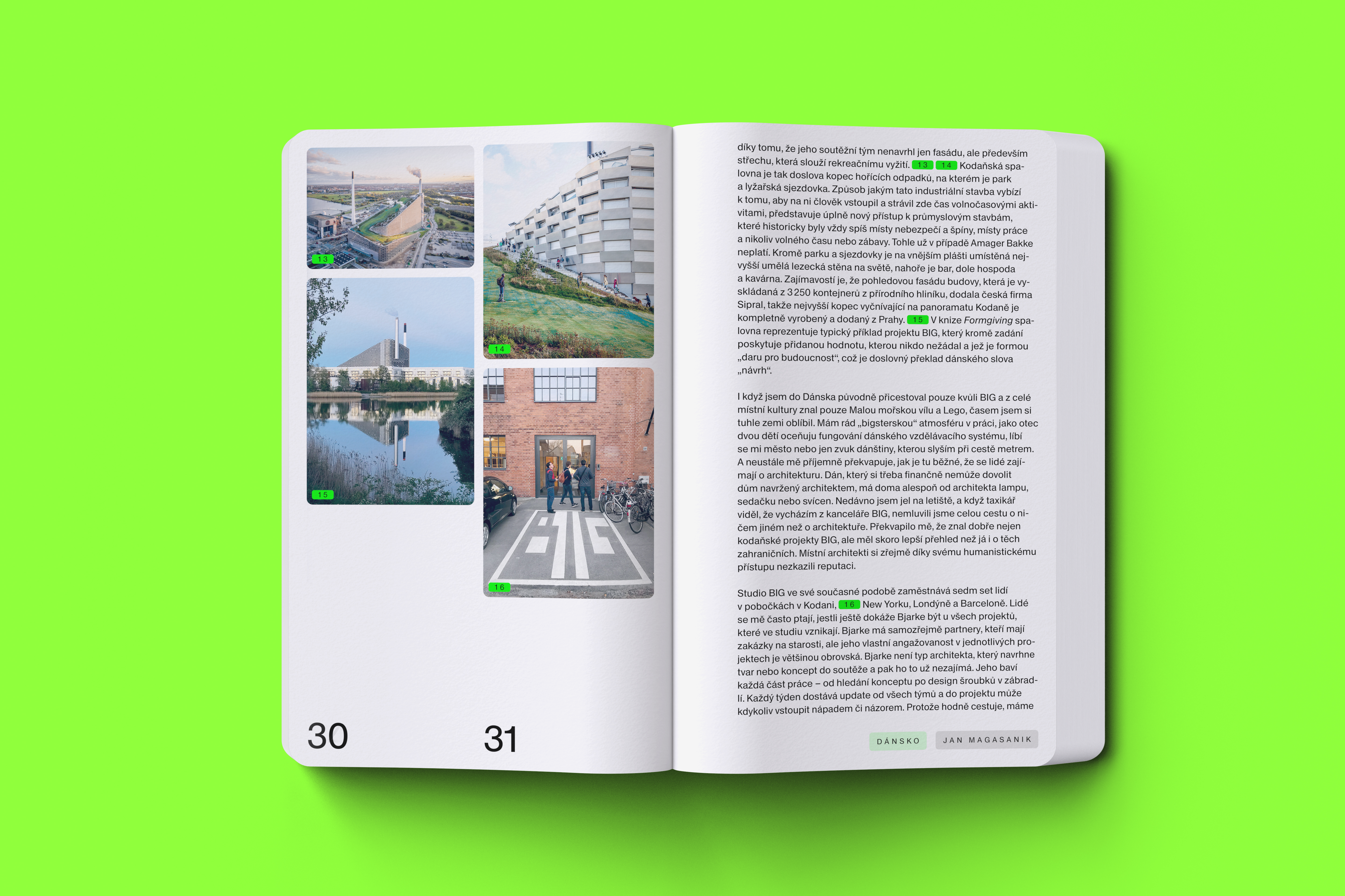 Open pages of Expats displaying a mix of text and architectural photos, each image tagged with green numbered labels, allowing for interactive navigation inspired by CAMP's digital design principles.