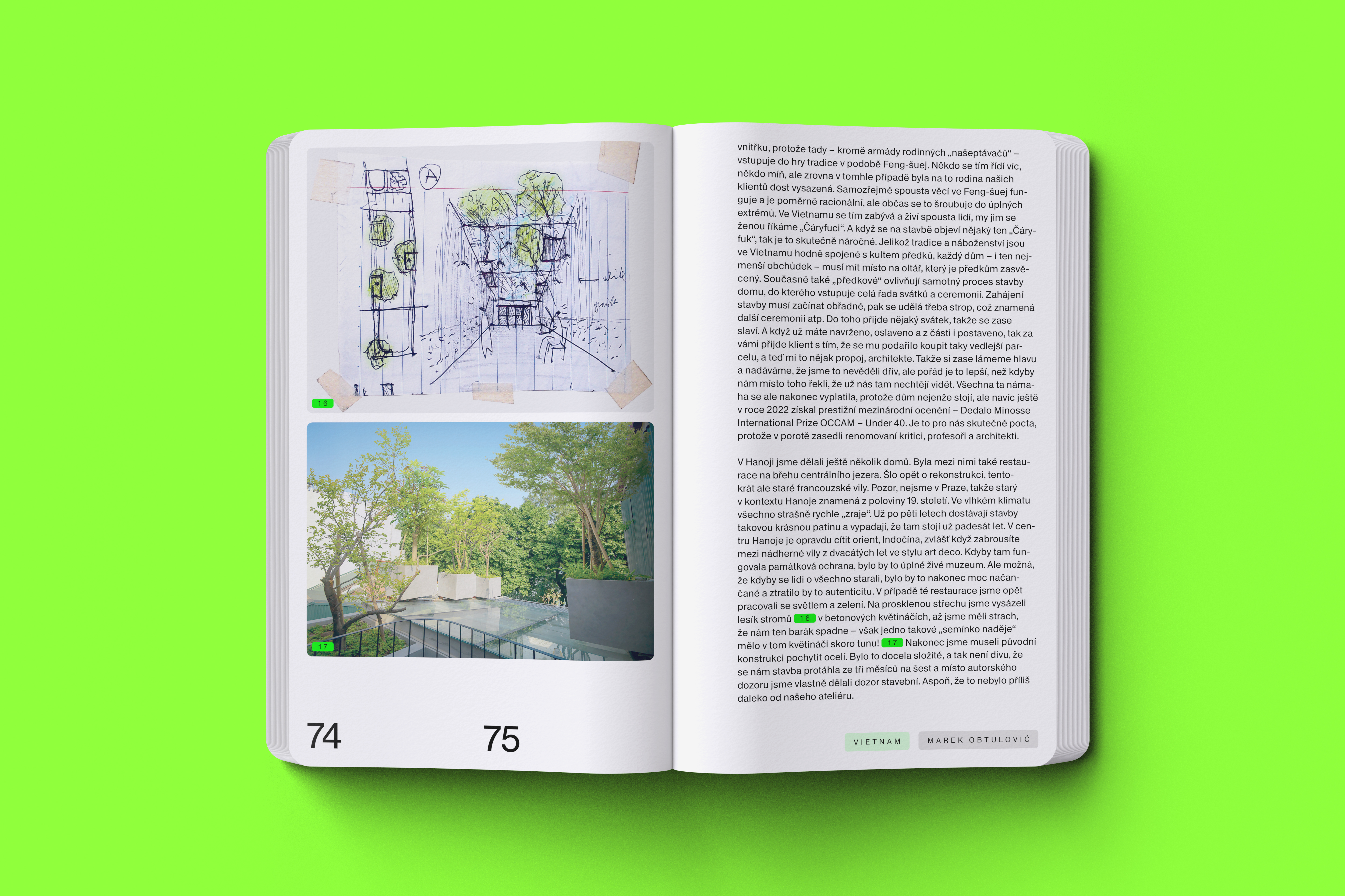 Open spread of Expats showcasing a sketch and photo side by side, labeled with green tags, part of a design that integrates visual and textual content for engaging reader navigation inspired by UX components.