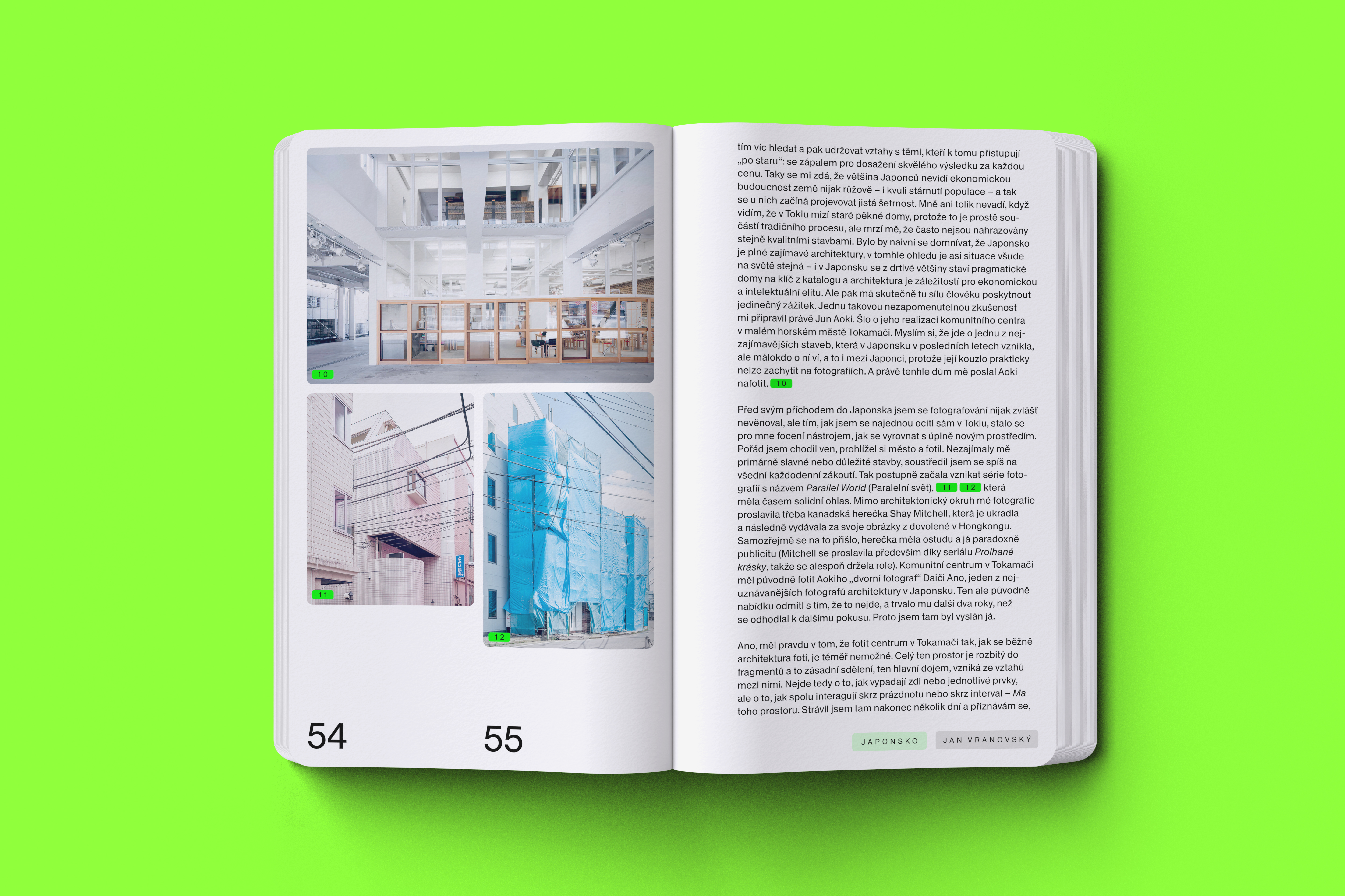 Detailed spread in Expats with architectural photos at the top, each image labeled for easy reference, enhancing usability by linking visuals and text, reflecting UI/UX design in a printed format.