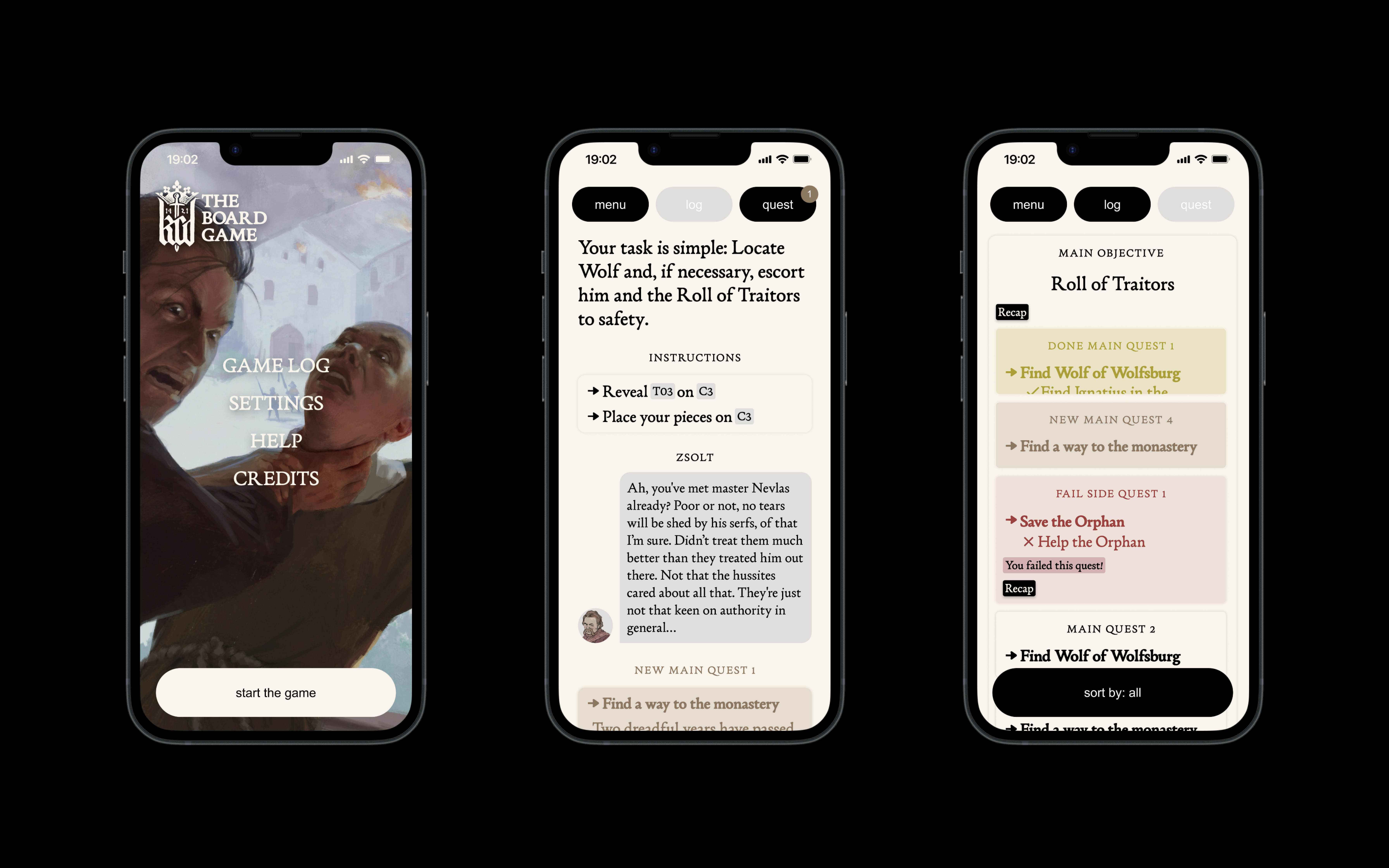 Three mobile screens display the Kingdom Come: Deliverance board game app interface, showcasing settings and quest instructions, and completed quests with minimalistic design and Creatura font, balancing an immersive game atmosphere with clear UI/UX elements.