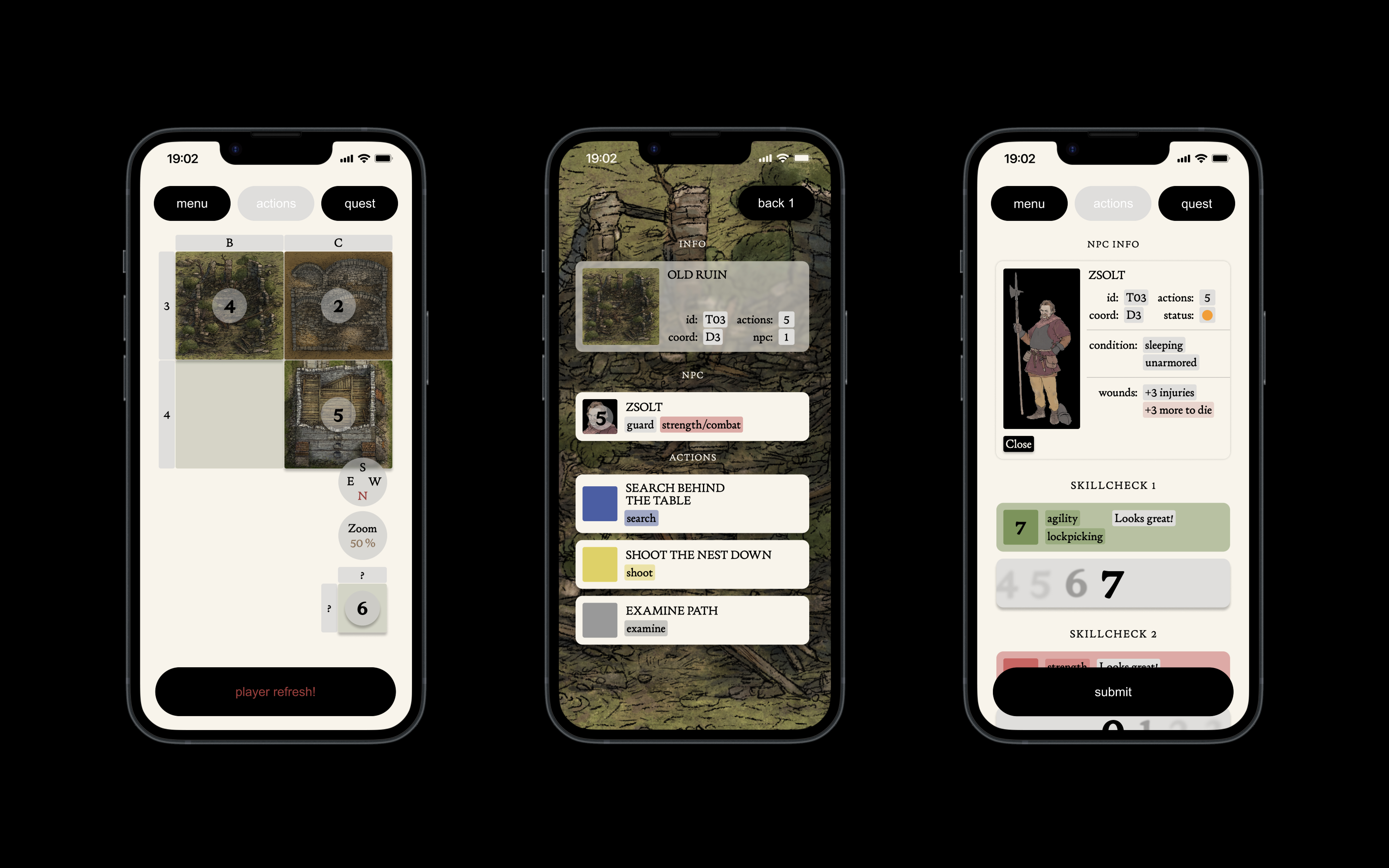 Three mobile screens from the Kingdom Come: Deliverance board game app showing a map layout, character actions, and skill check interface, designed to focus on minimalism and enhanced story engagement within the board game.