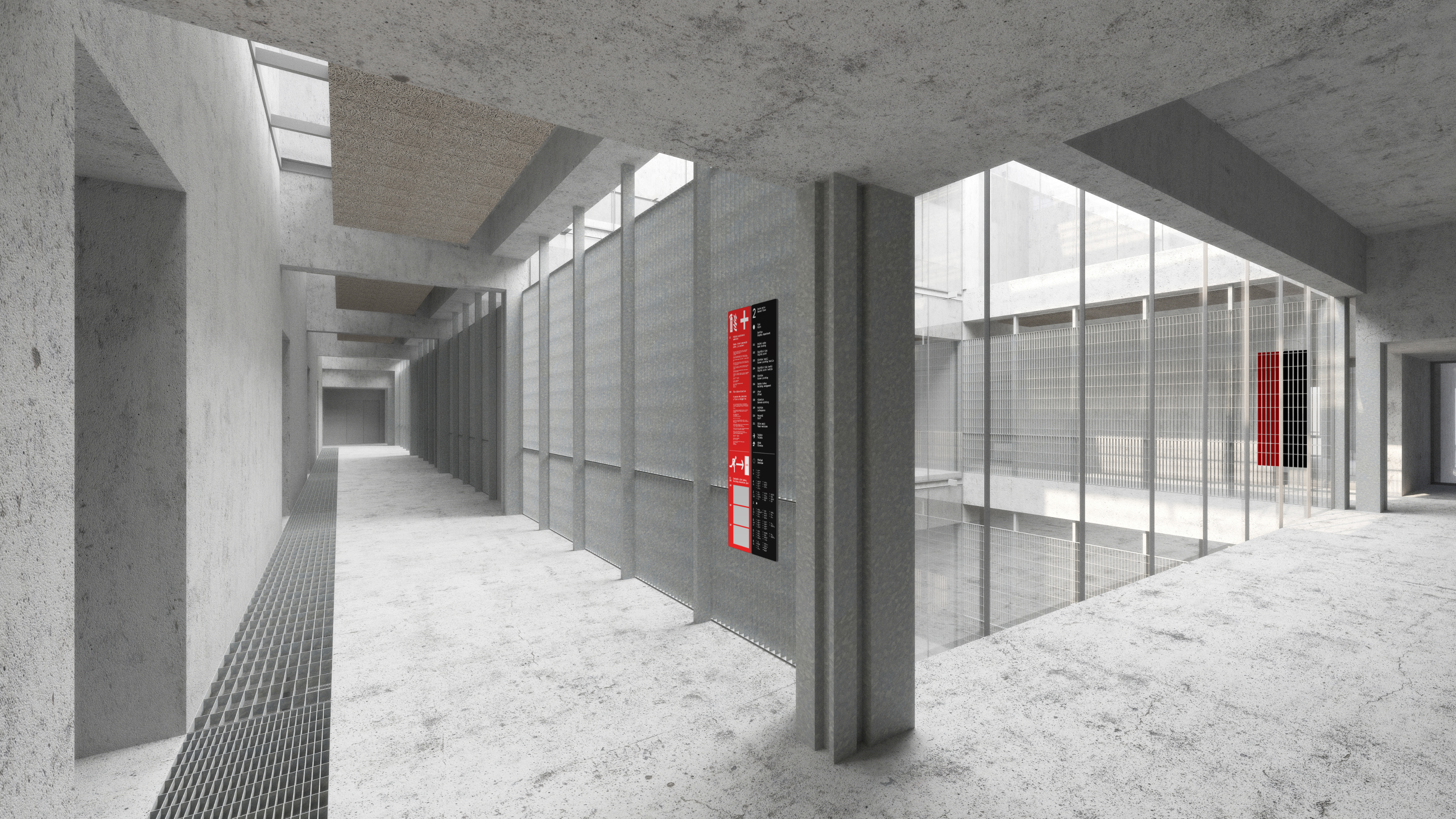 A modern hallway in the Umprum building with red safety signage for clear visibility is part of the navigation system, which integrates safety elements with signal red backgrounds inspired by architectural design.