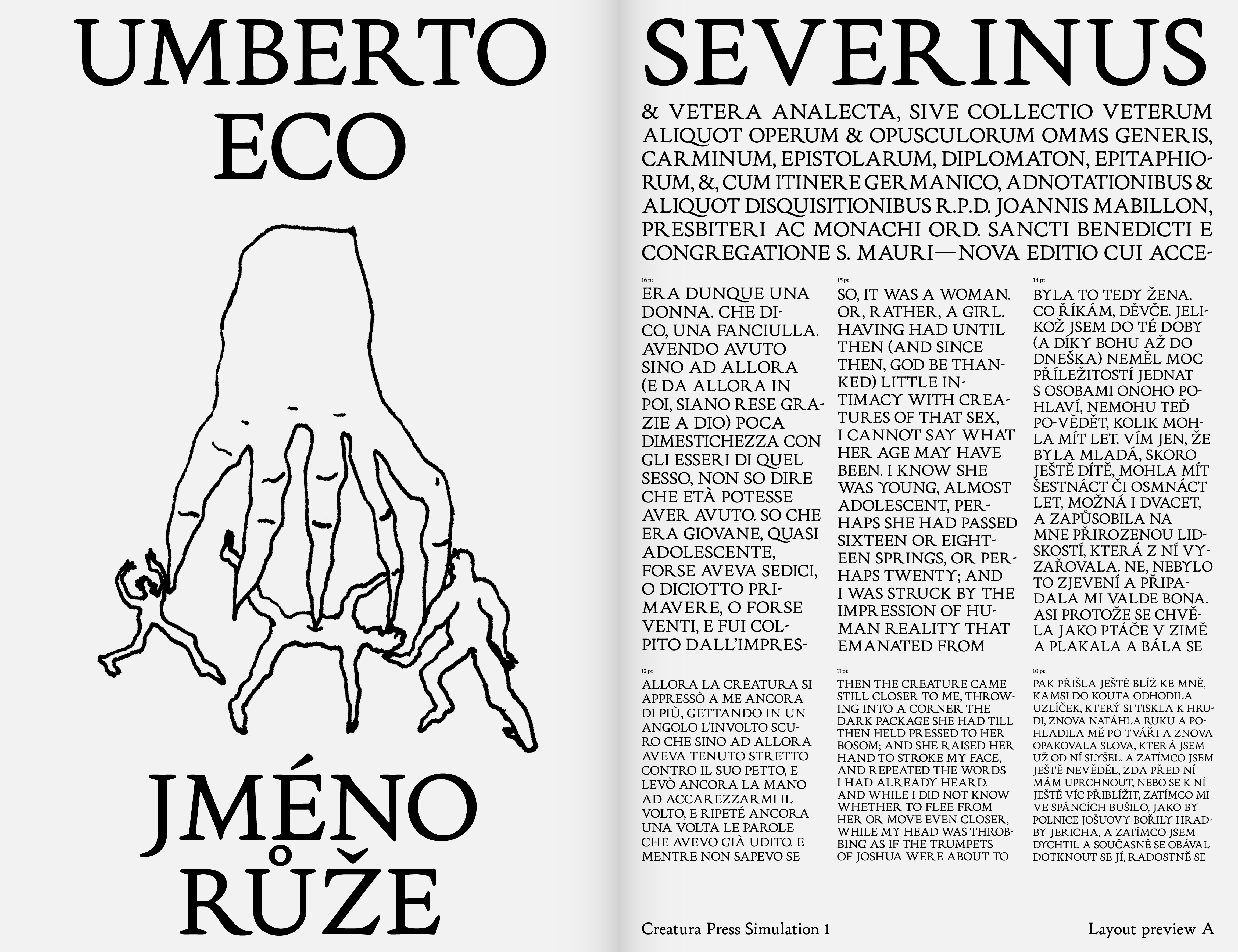 Creatura typeface cover simulation for Umberto Eco's 