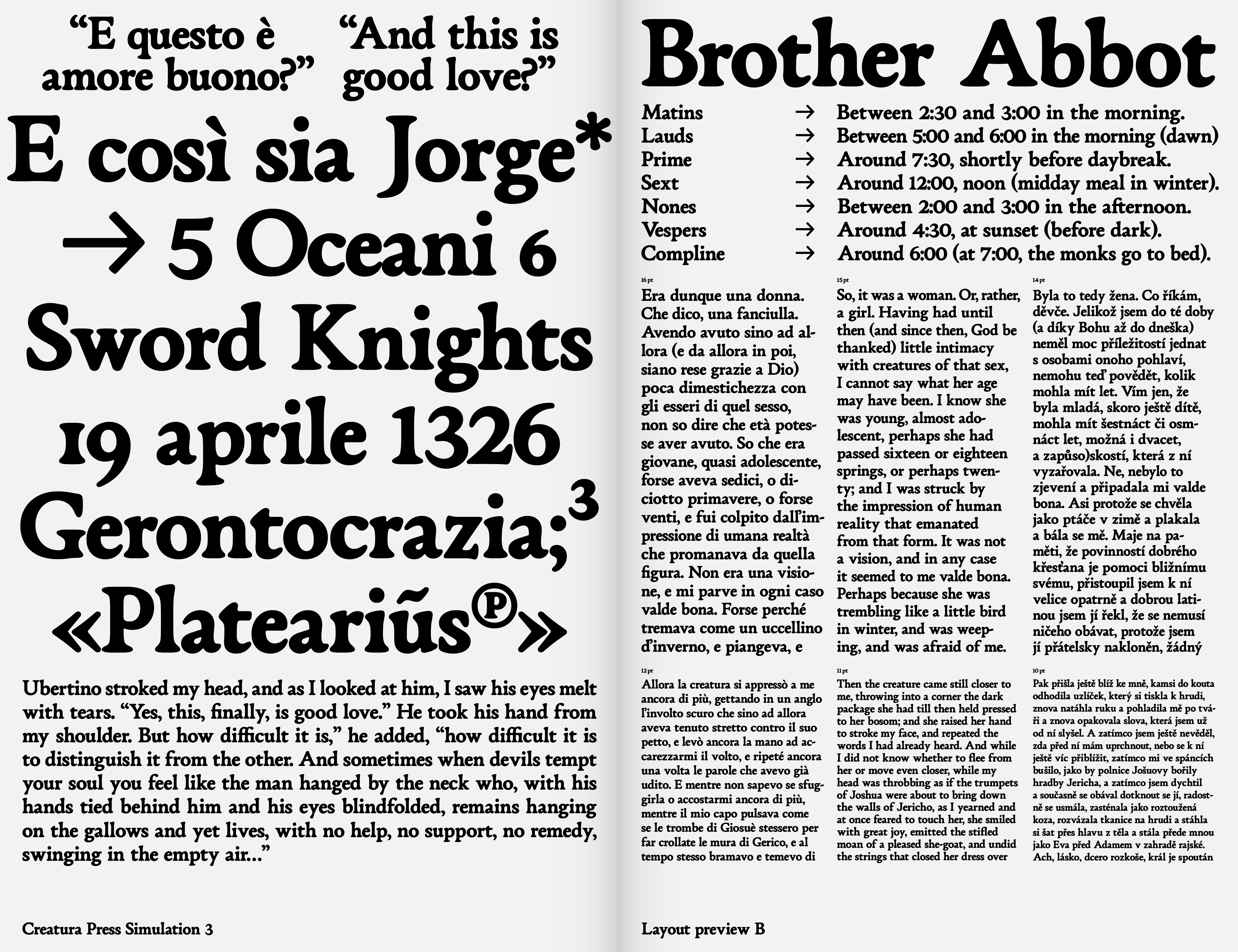 Multilingual page spread using Creatura typeface, blending Italian and English literary text. Creatura's organic shapes mimic the uneven print of historical letterpress, making it ideal for text-rich content in various languages.
