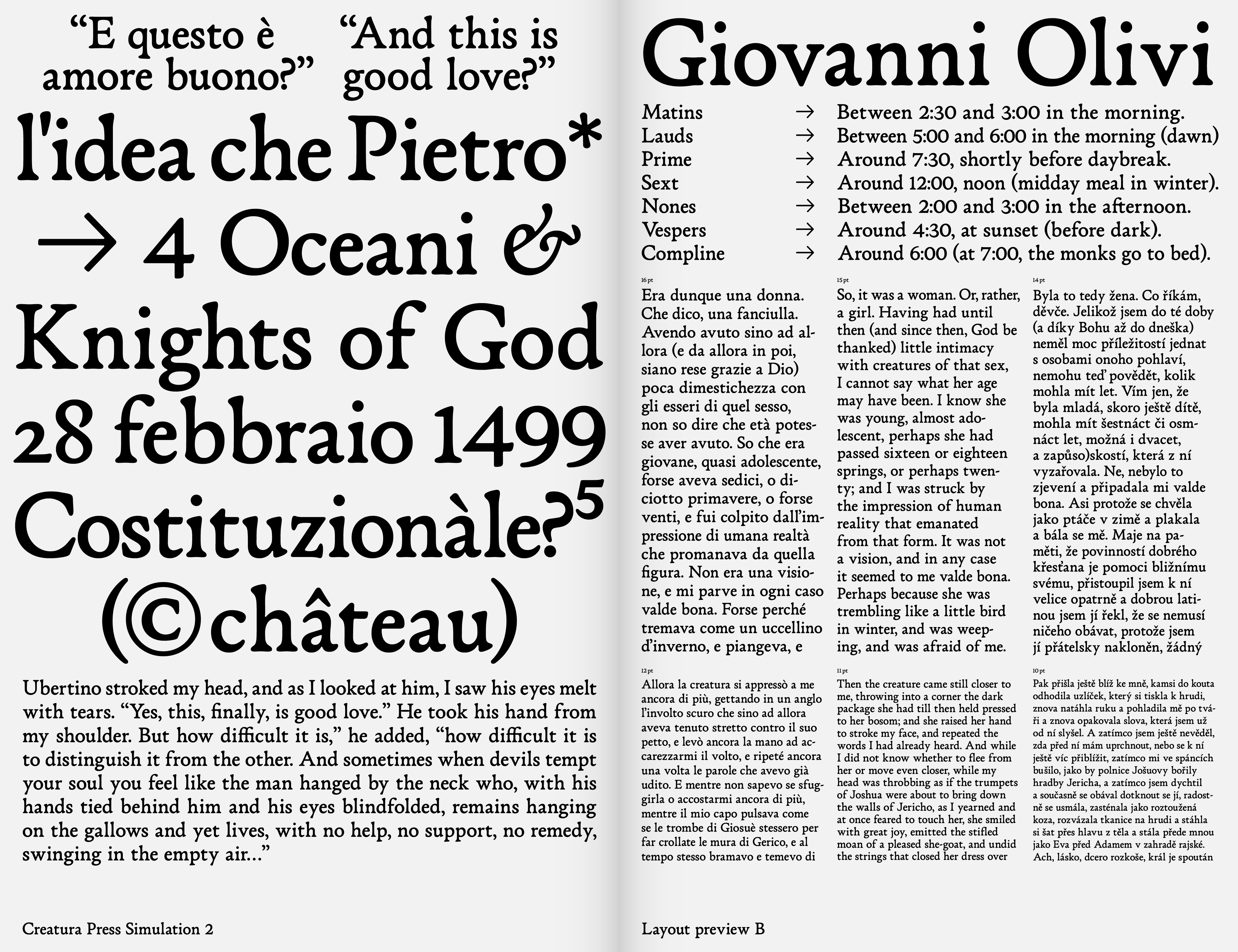 Creatura typeface in a typographic spread with phrases in Italian and English about love and knighthood. The text showcases Creatura's versatility, combining historical inspiration with a modern uniwidth design suitable for headers and body text.