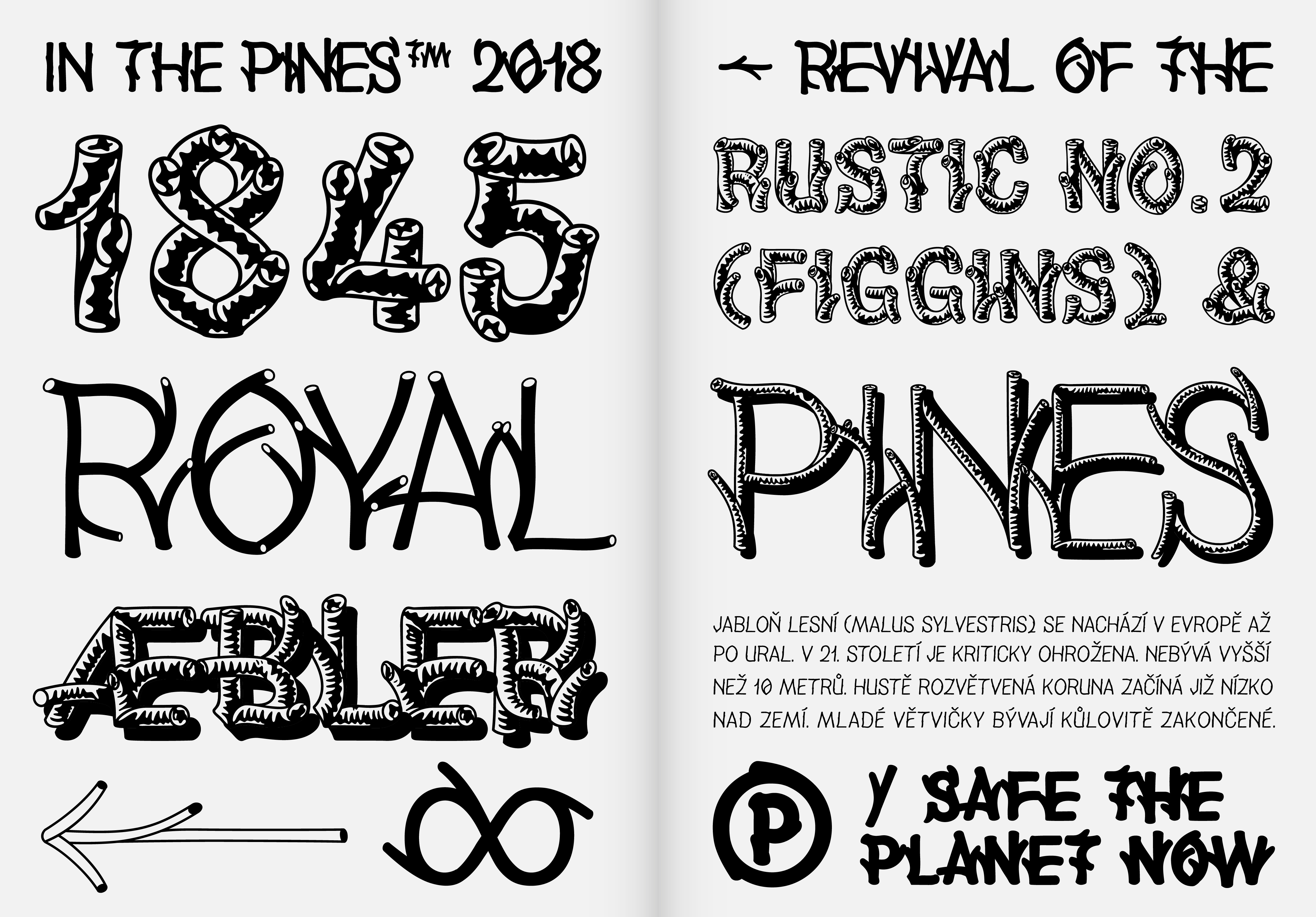 The Specimen shows various phrases and symbols in the 'In the Pines' typeface, including text like 'Safe the planet now.' The typeface revives the 1845 Rustic No. 2 style, reimagining it with natural, wood-inspired forms for use in diverse organic design contexts.