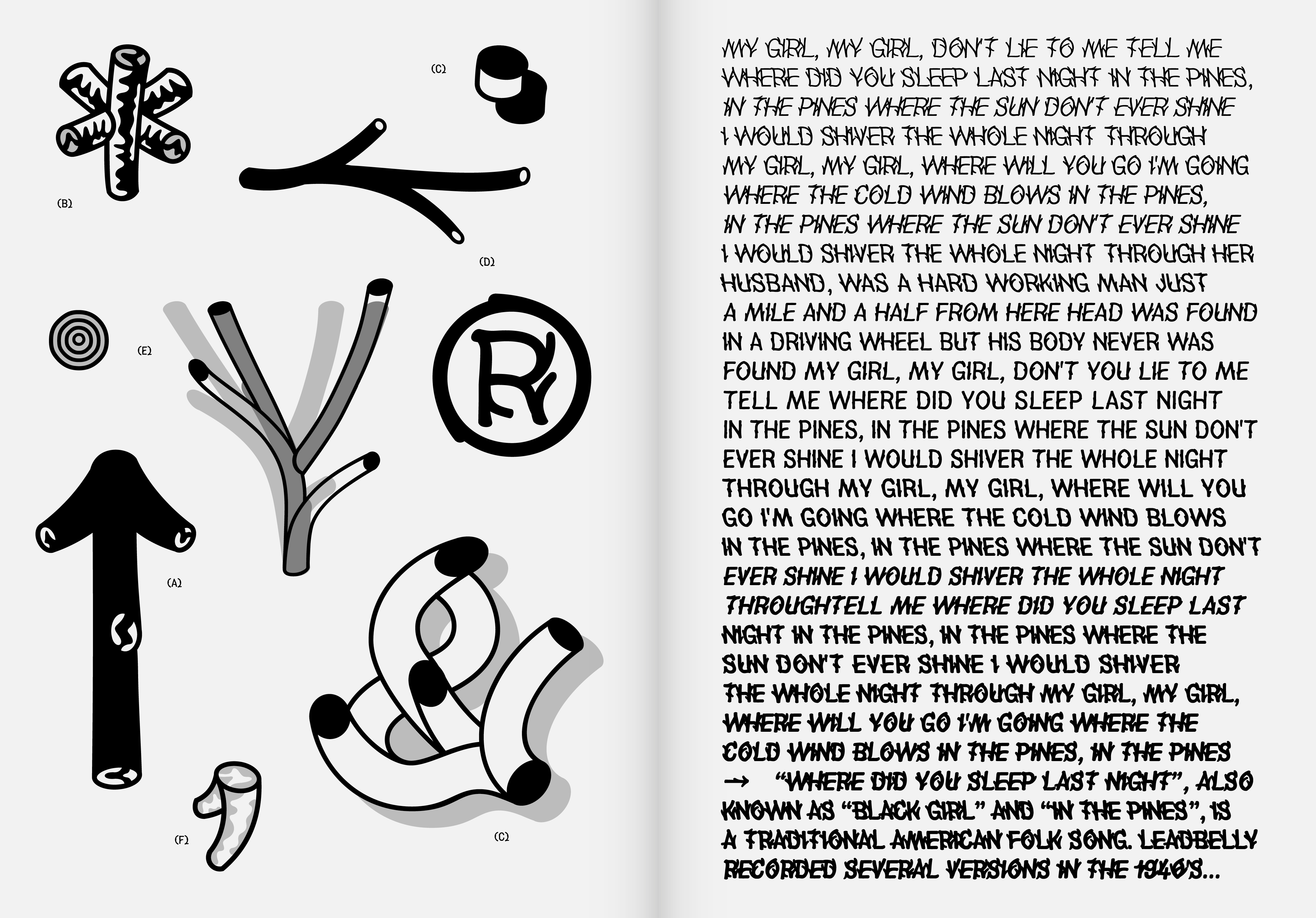 A detailed specimen page of the 'In the Pines' typeface features organic symbols and a bold log-like font style used to spell out lyrics from the folk song 'In the Pines.' The typeface evokes rustic textures, with illustrations resembling branches, growth, and nature.