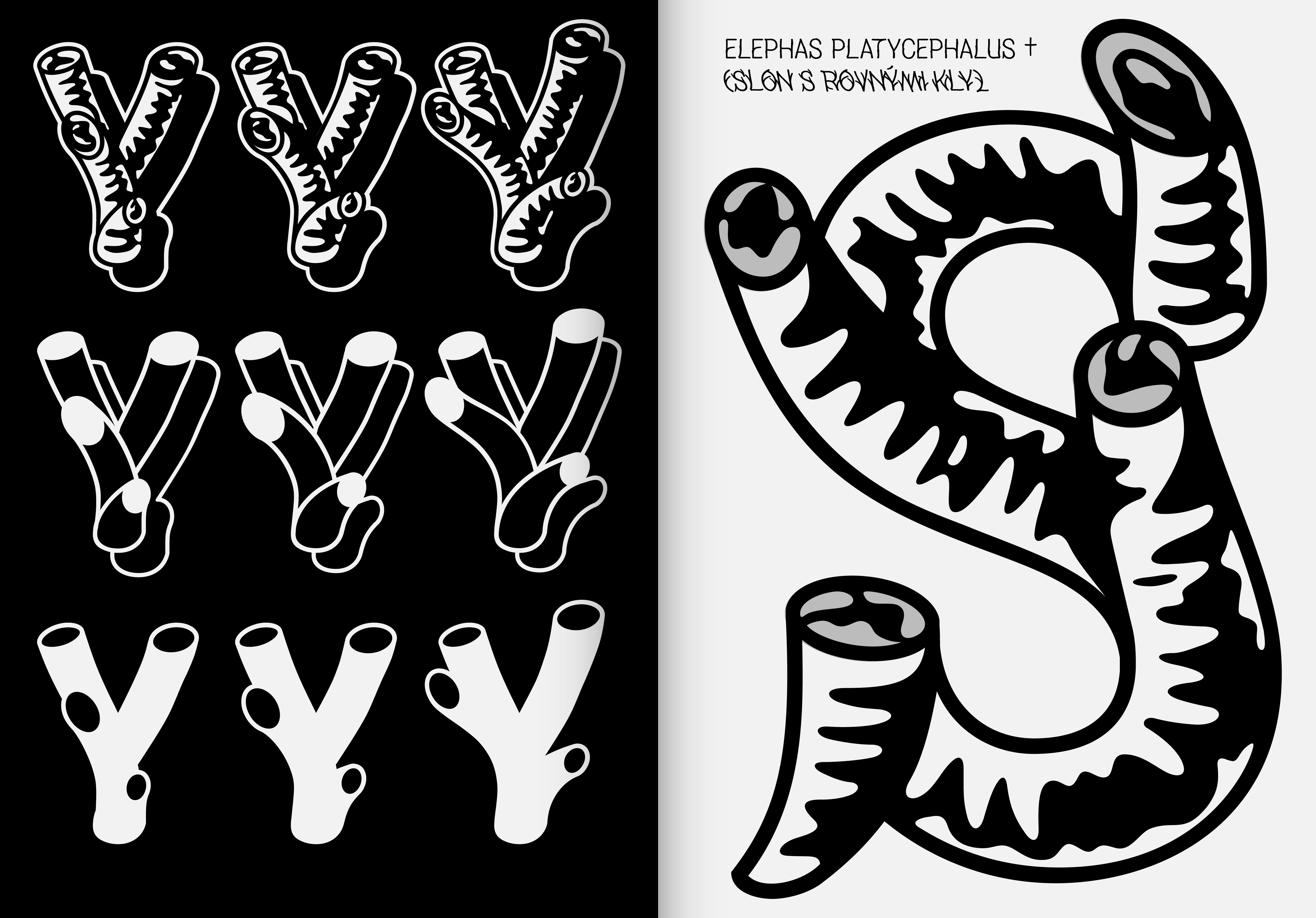 The Specimen displays variations of the letter 'Y' in the 'In the Pines' typeface, rendered in detailed log textures against a black and white background. This typeface adapts natural, wooden aesthetics with unique shapes reminiscent of tree branches and organic growth.