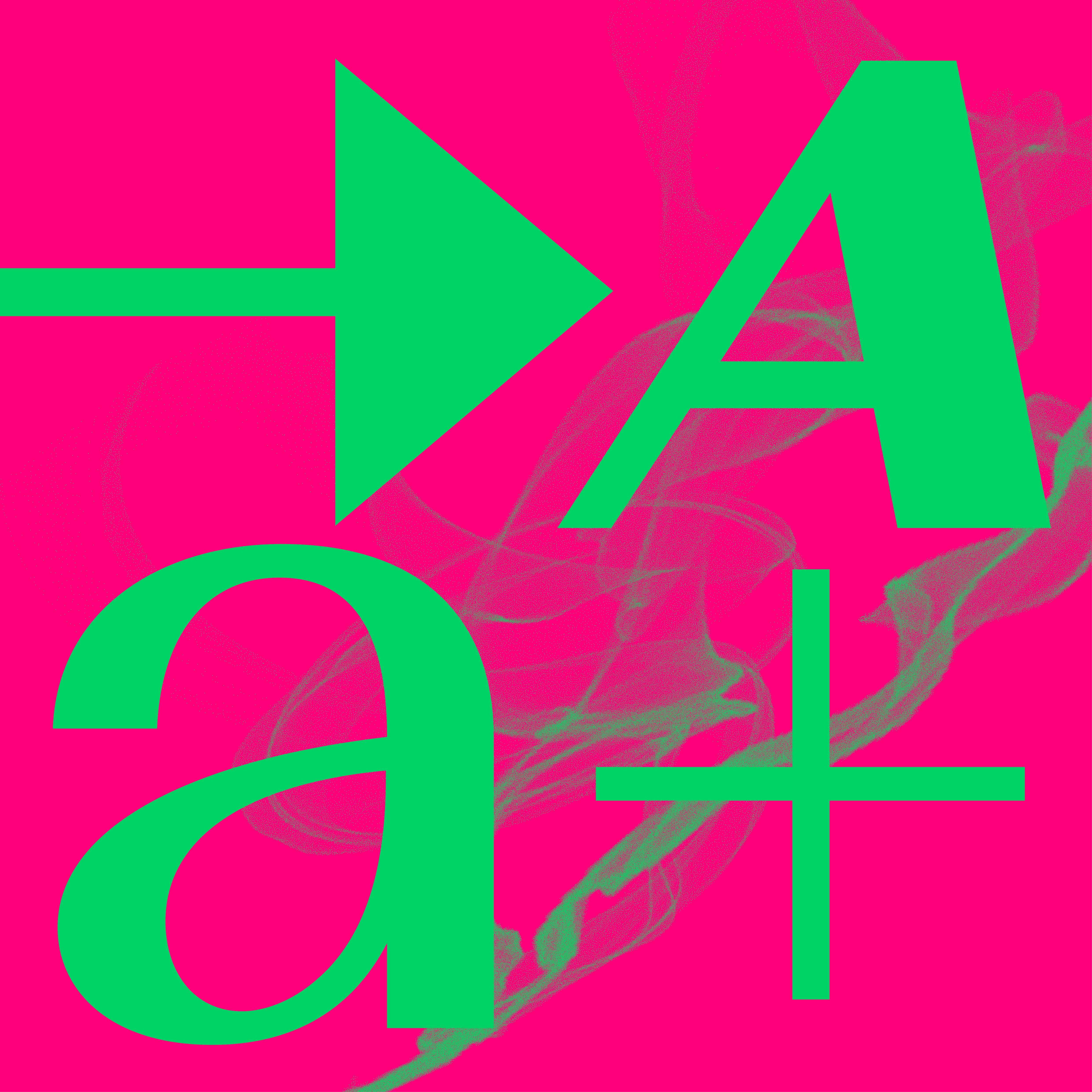 The bright graphic cover for the La Pipe typeface project features a bold green uppercase 'A,' lowercase 'a' arrow, and a plus sign against a vibrant pink background. Inspired by Cassandre's Peignot typeface, La Pipe modernizes letterforms by minimizing expression and adding contemporary geometric shapes. Subtle smoke wisps float in the background, symbolically referencing the font's name, 'La Pipe' (French for 'the Pipe'), alluding to Cassandre's iconic style and fondness for pipe smoking.