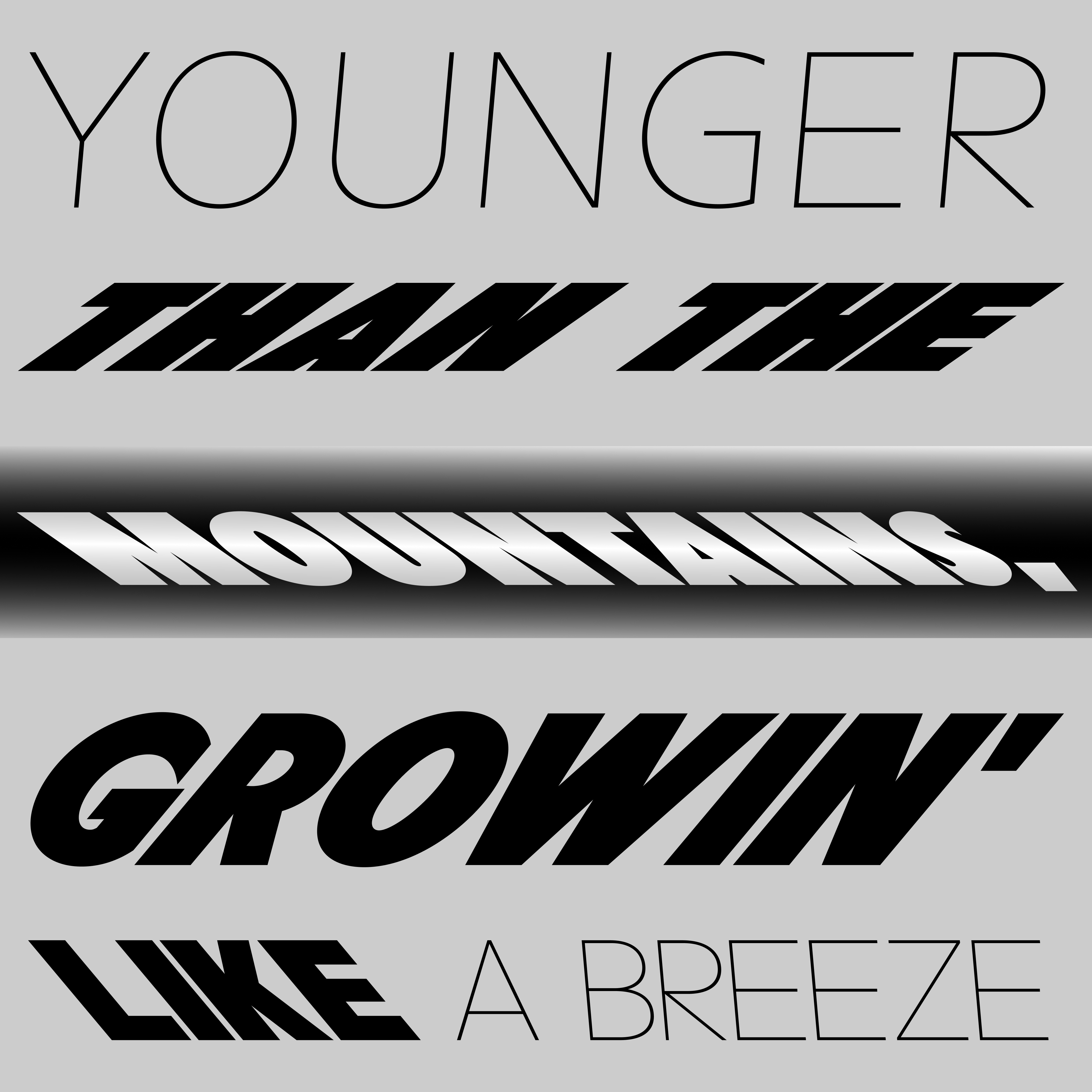 The Speed Grotesk typeface has a graphic cover featuring the phrase 'Younger than the mountains, growin' like a breeze' in varying slants and weights. The bold, italicized text displays extreme slant variations, symbolizing the typeface's inspiration from bicycle route difficulty. The design transitions from light, upright letters to heavy, slanted black text, capturing movement and the experimental style of Speed Grotesk.