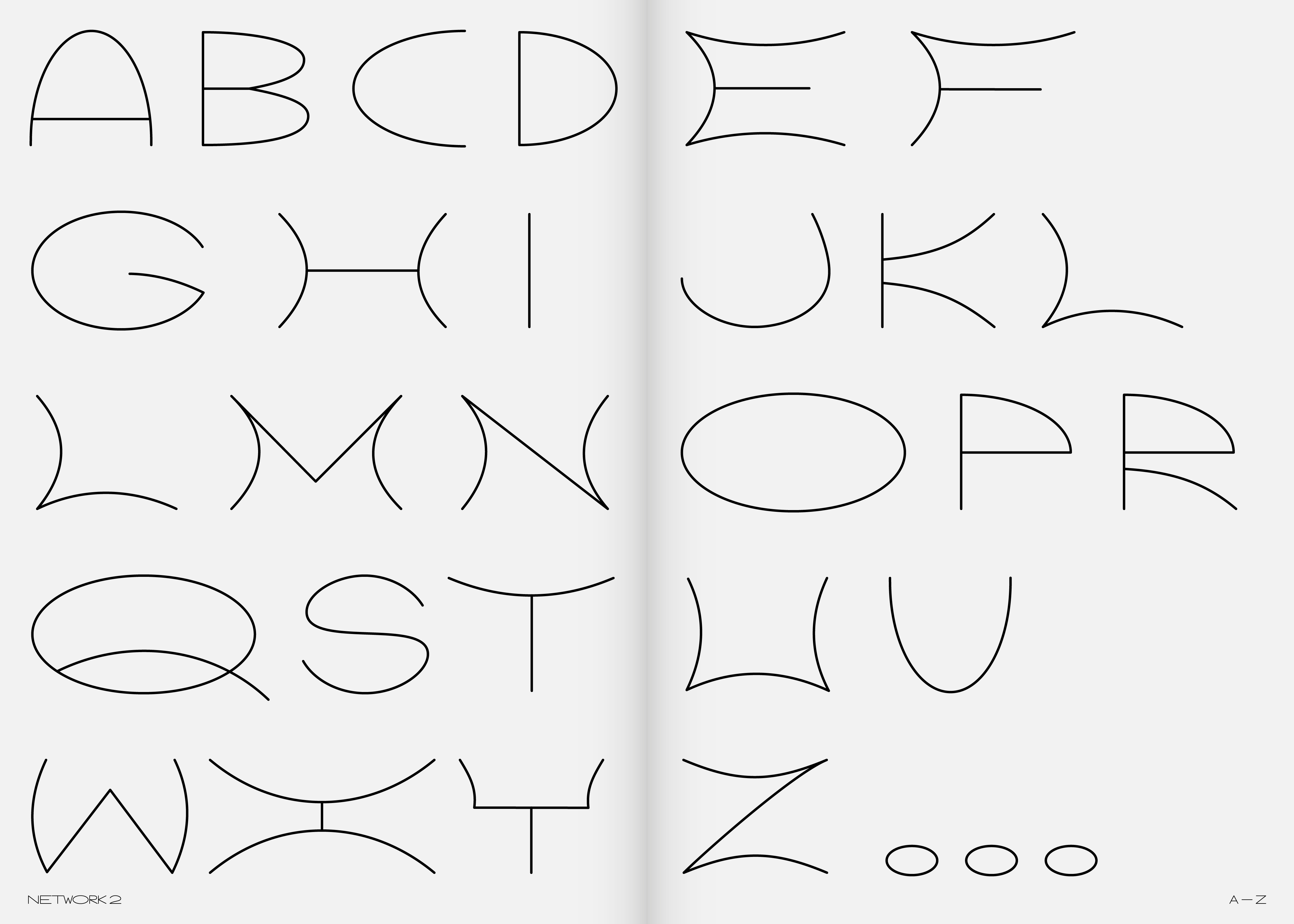 Specimen of the Network 2 style from the Worldwide typeface, displaying uppercase Latin letters with minimal single-line designs, simplified from wireframe globe symbols, intended for shorter text usage.