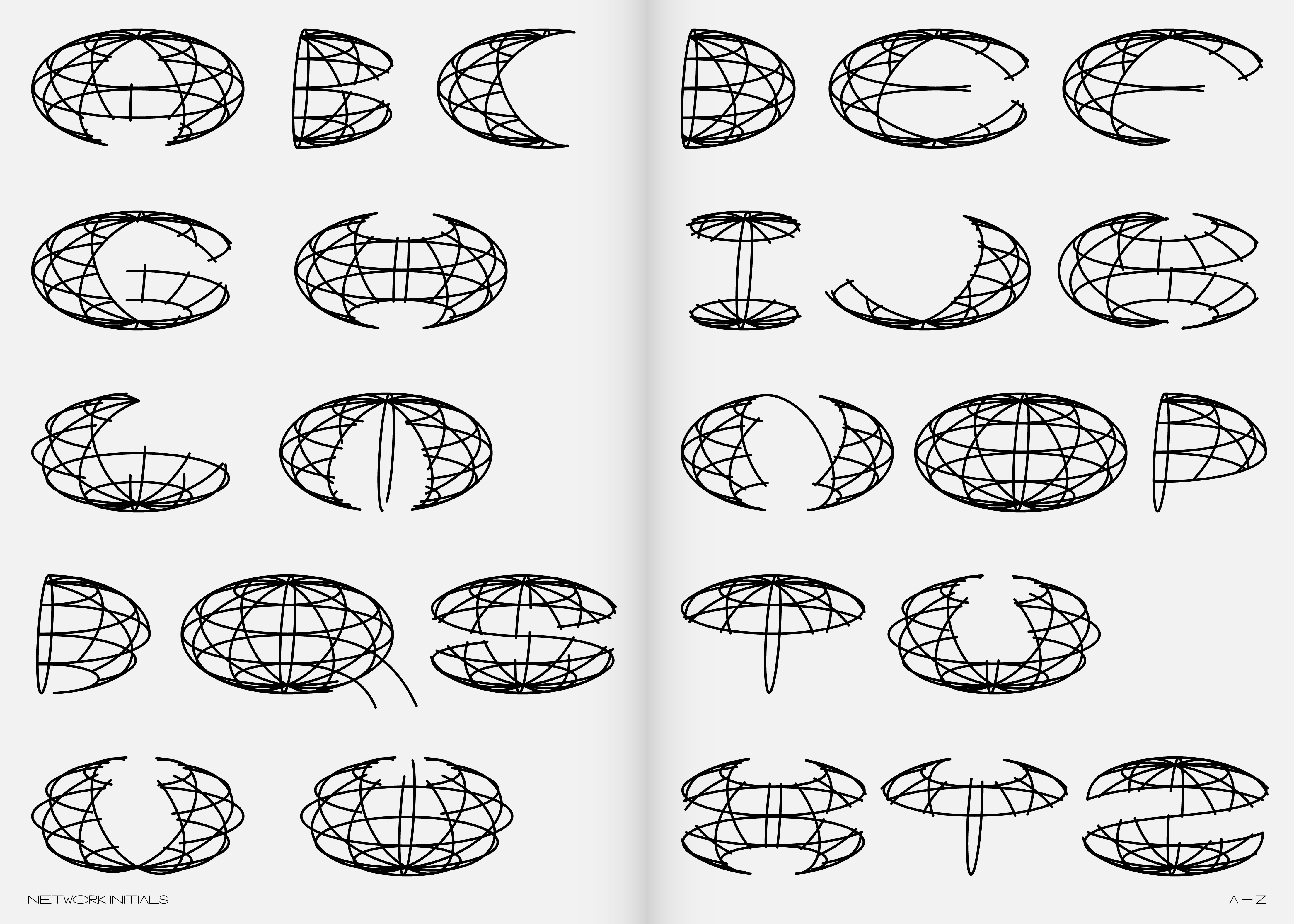 Specimen image of the Network Initials style in the Worldwide typeface, showing uppercase letters with complex 3D wireframe structures, creating bold, decorative characters inspired by the symbol of the globe.