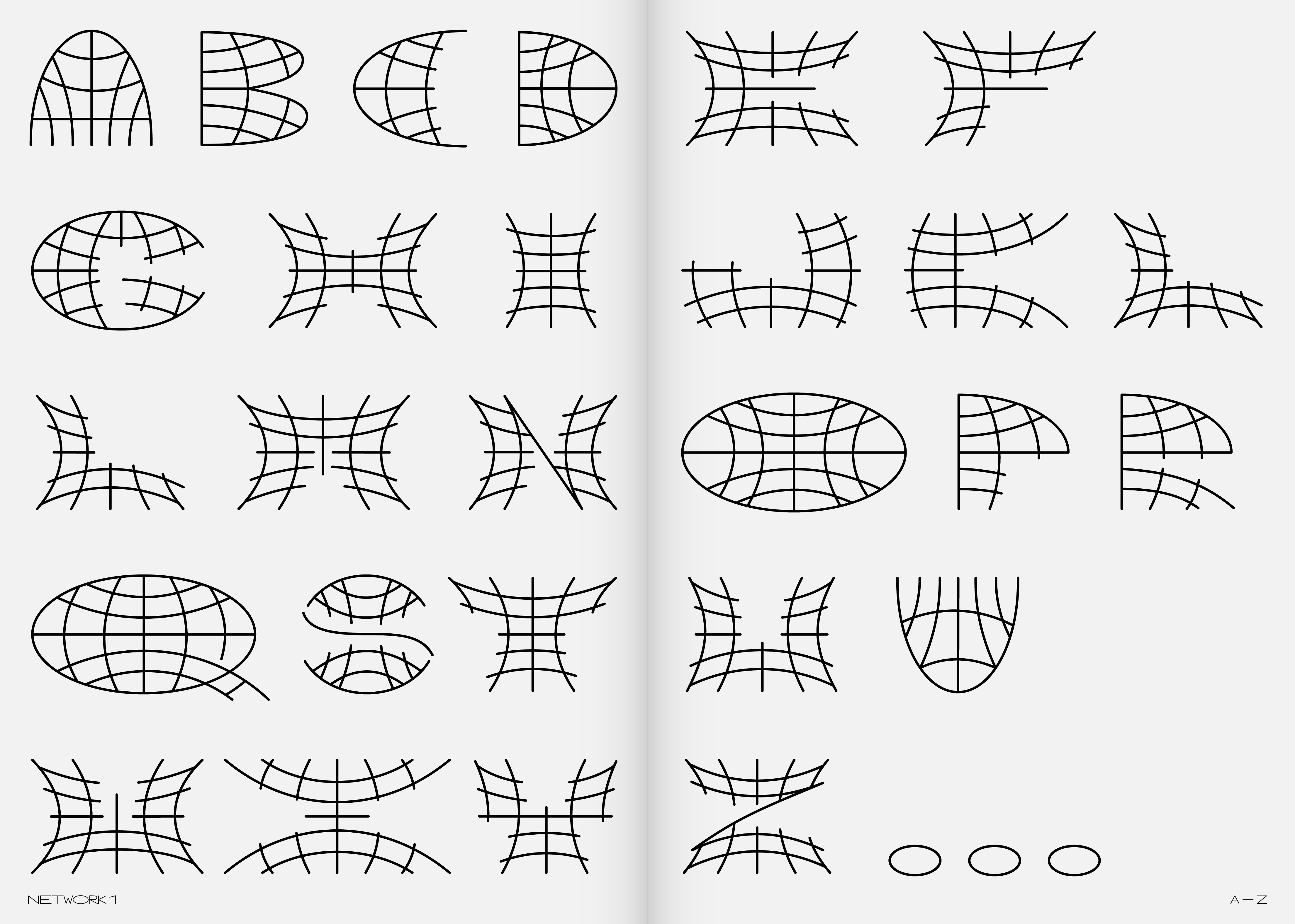 Specimen showcasing the Network 1 style of the Worldwide typeface, with each uppercase letter constructed from wireframe globe structures. Designed for bold headings, this alphabet plays on traditional font skeletons and CNC machine aesthetics.