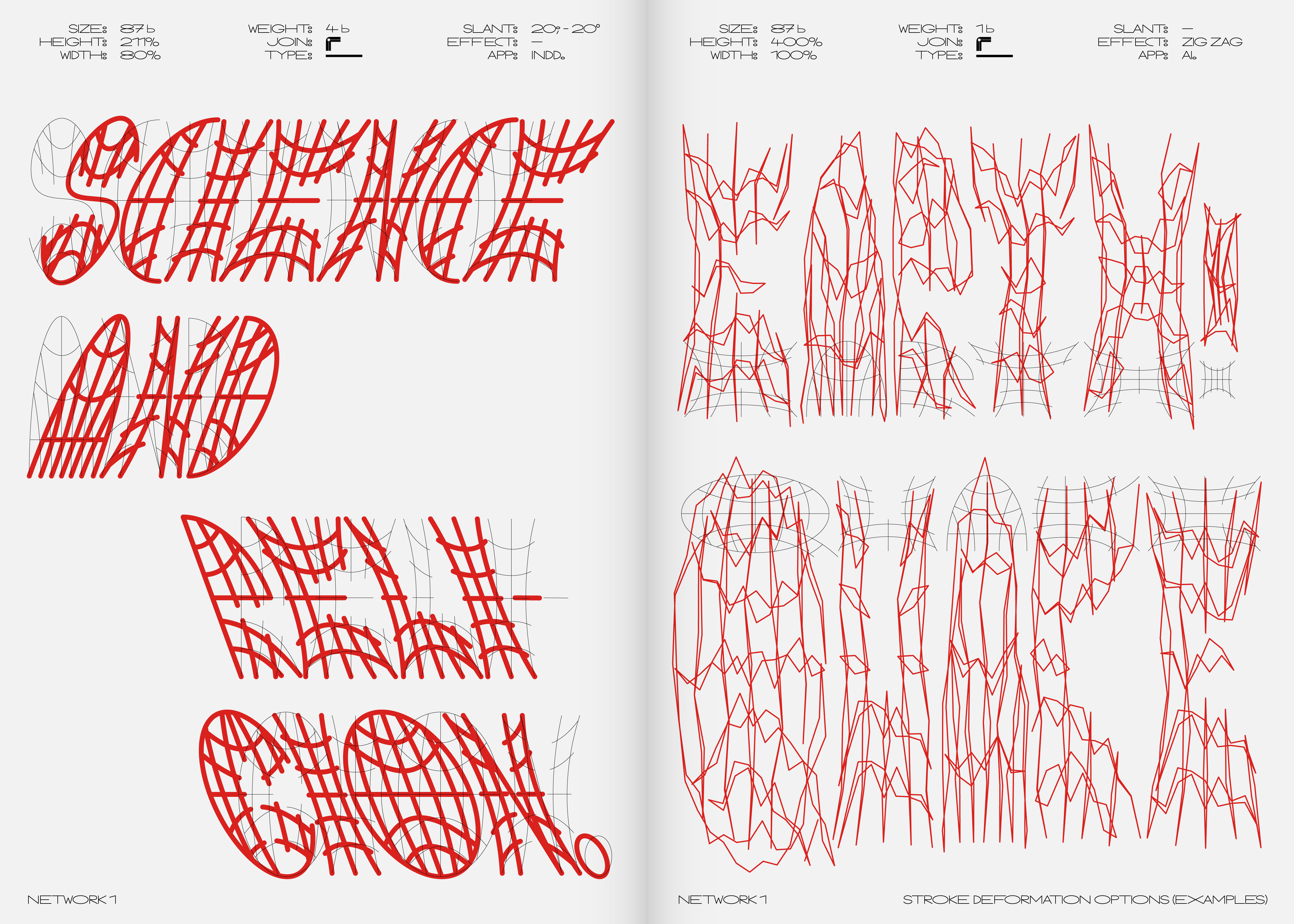 Specimen of the Worldwide typeface illustrating text examples' Science and Religion' and 'Earthquake' in distorted red strokes, demonstrating customization options in Network 1 style through stroke deformation.