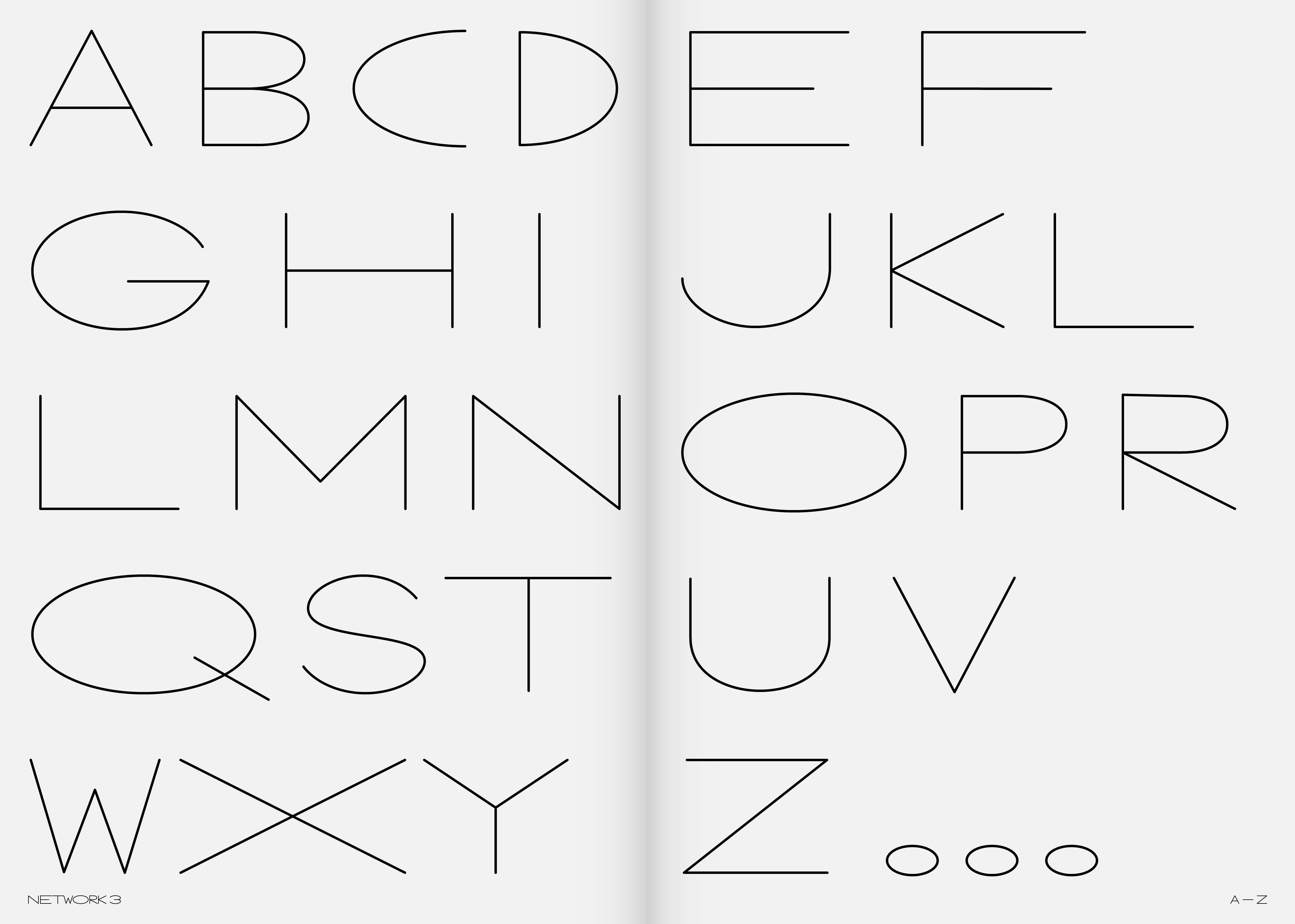 Specimen of the Network 3 style in the Worldwide typeface, featuring uppercase Latin letters inspired by traditional alphabet morphology, using minimalist lines derived from globe-like structures.