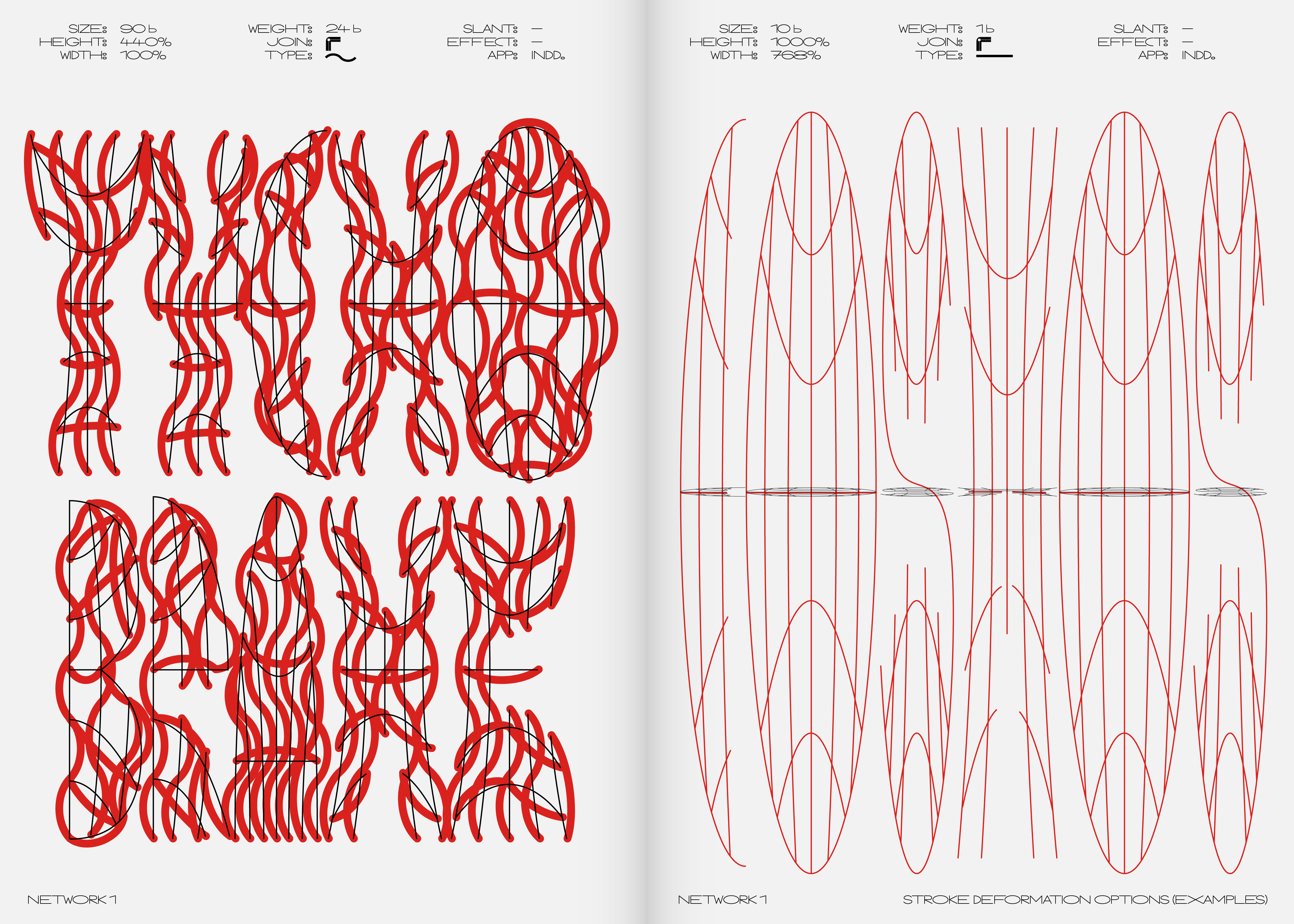 Specimen demonstrating stroke deformation options in the Worldwide typeface's Network 1 style, with distorted letters in red lines, showcasing flexible character shapes for creative customization.